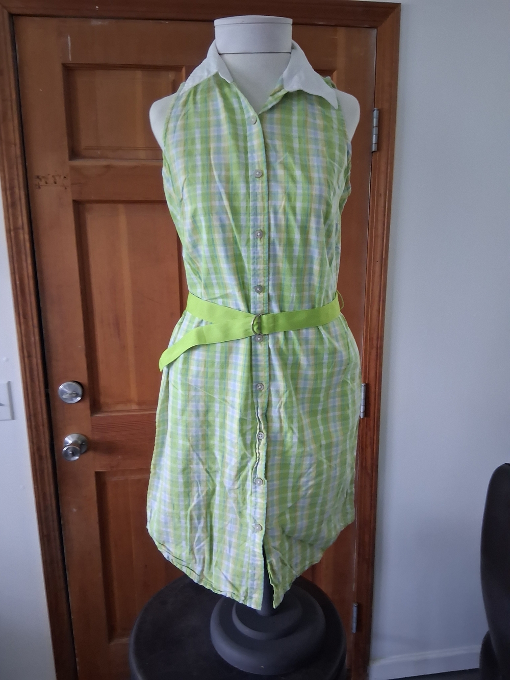 Express Lime Plaid Sleeveless Shirt Dress with White Collar